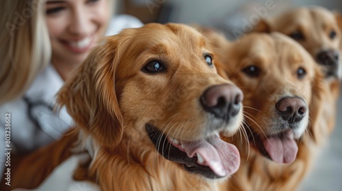 Closeup of a female human doctor with a stethoscope and white gloves holding a golden retriever dog in a clinic room