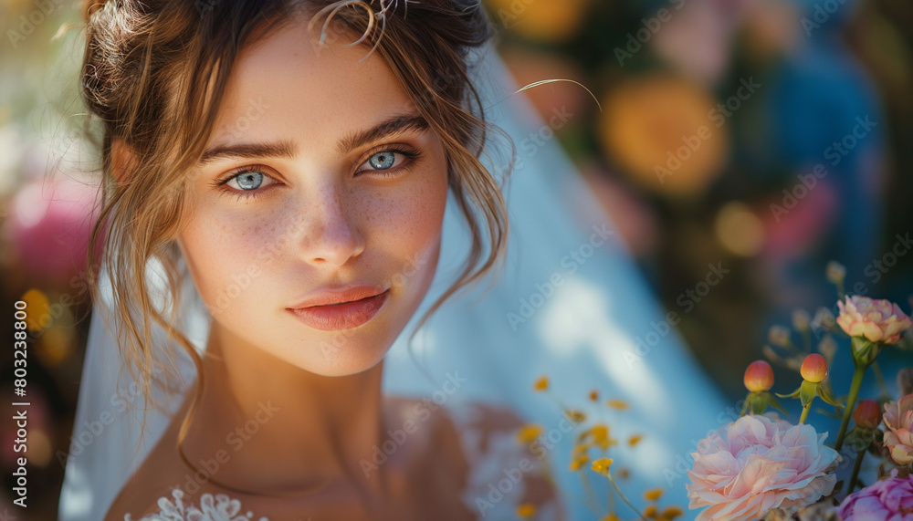 Young Bride Portrait: Close-Up Shot in Wedding Gown with Soft Lighting and Floral Accents Young Bride Portrait: Close-Up Shot in Wedding Gown with Soft Lighting and Floral Accents
