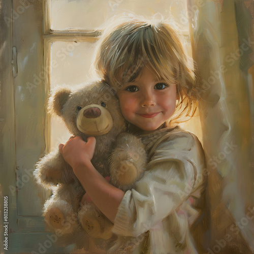 Young Child Smiling with Beloved Teddy Bear. A charming young child smiles warmly, clutching a teddy bear in a cozy, sunlit room, exuding comfort and happiness.
