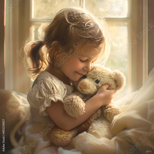 A gentle moment captured as a young girl hugs her teddy bear by a window, bathed in the warm morning sunlight.
