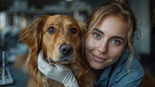 Closeup of a female human doctor with a stethoscope and white gloves holding a golden retriever dog in a clinic room