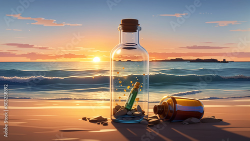 This is a painting of a beach at sunset. There is a message in a bottle on the sand.

 photo