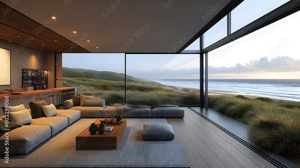 Coastal living room with panoramic beach view at sunset Coastal living room with panoramic beach view at sunset