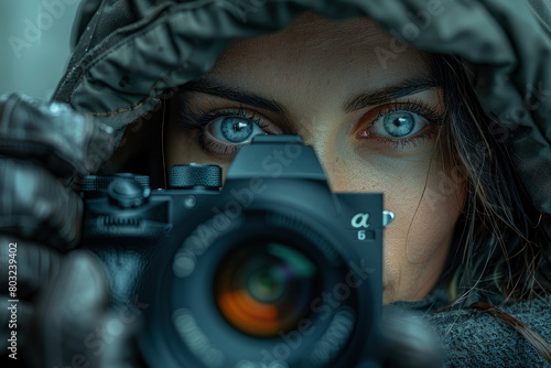 A photographer is taking photos with his camera, closeup of the lens and hand holding it