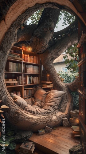 A cozy reading nook inside a giant tree trunk, with books growing on branches