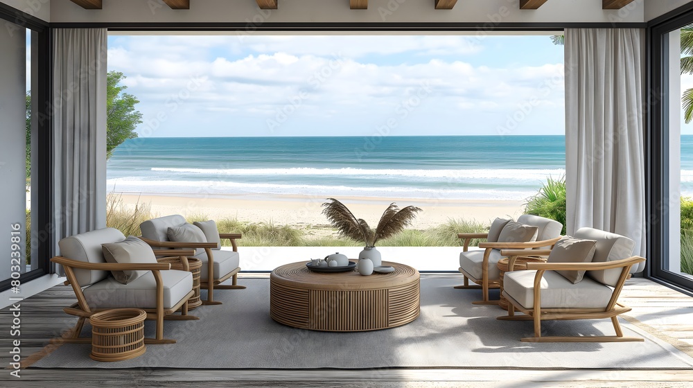 Fototapeta premium Beachfront patio setup with stylish outdoor furniture and ocean view