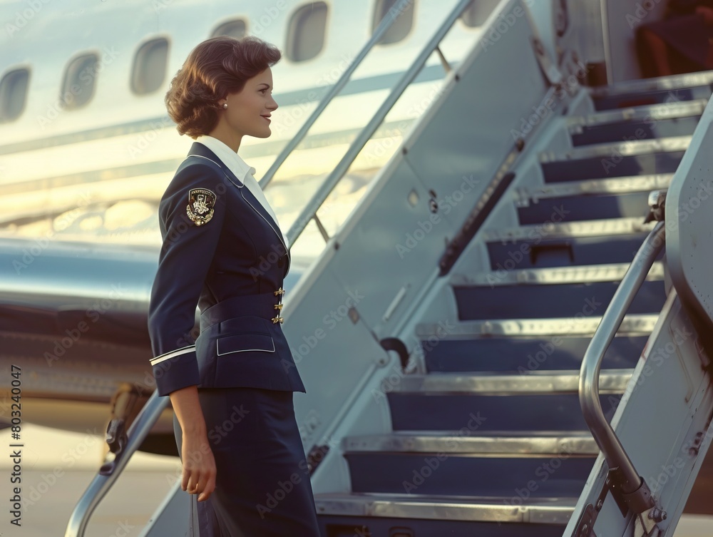 Obraz premium Professional female flight attendant standing at the airplane's steps