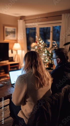 Happy couple working together on laptop at home - real life moment