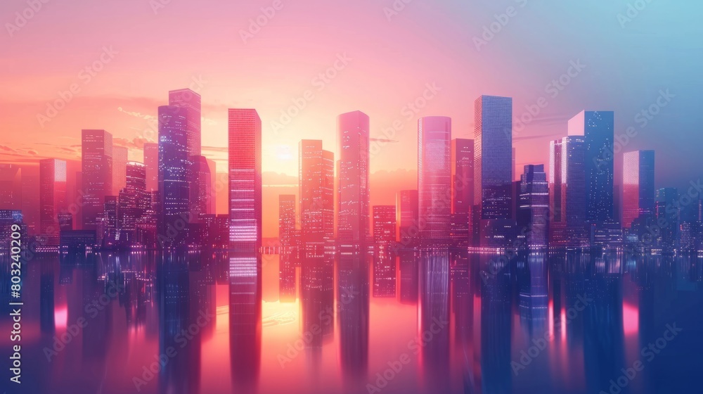 Cityscape reflecting in water at sunset with violet hues on horizon, defocused vivid business district background