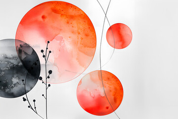 Wandcirkels Japandi stijl Abstracte cirkels oranje zwart aquarel  © MidJen