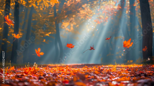 Autumn forest with red and orange leaves falling down