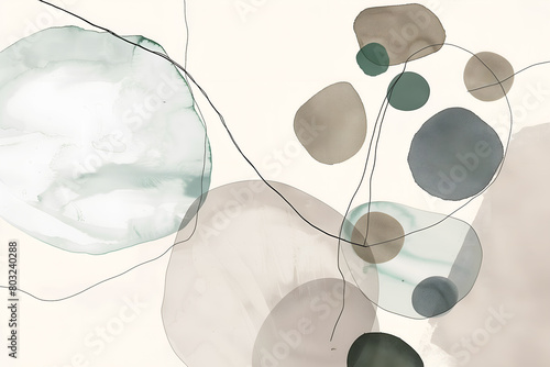 Tableau abstrait minimaliste ronds verts et beiges style japandi à l'aquarelle photo