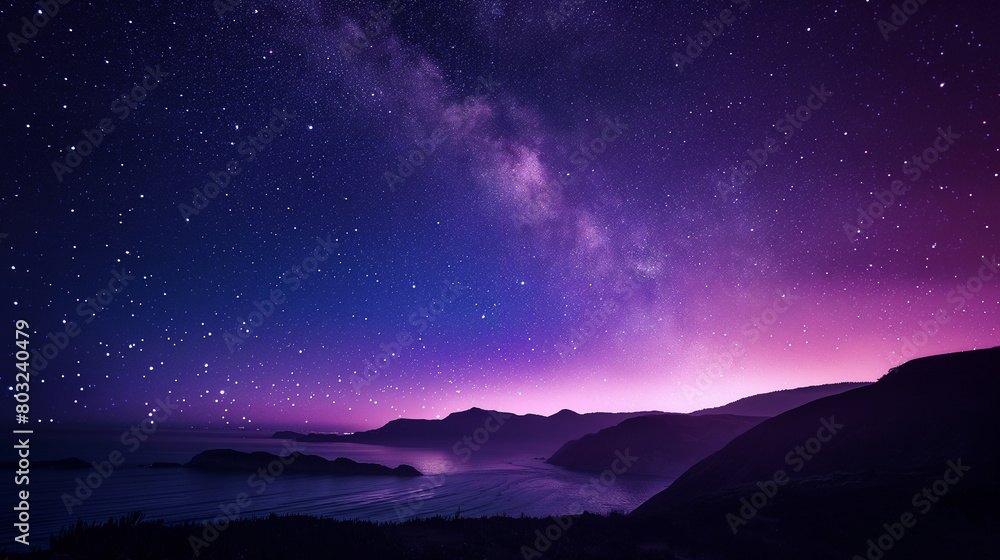 Beautiful night sky with stars over the ocean and mountains