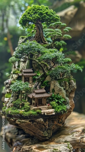 A bonsai garden where the trees shape themselves into peaceful scenes