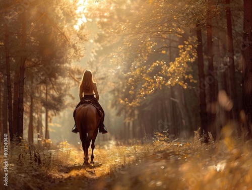 Active woman riding a majestic horse through lush green forest