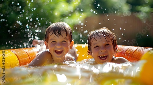 Two young children having fun in a vibrant inflatable pool.
