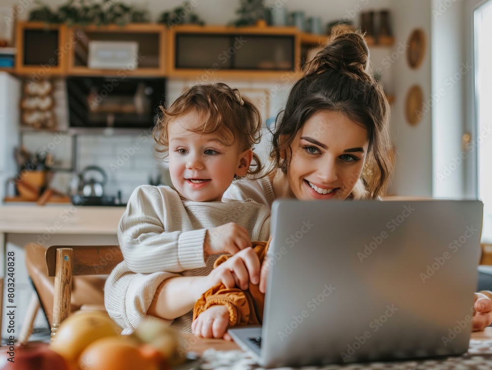 Mother and child using laptop together at home for online activities and education Mother and child using laptop together at home for online activities and education