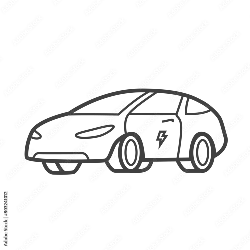 Linear icon of an electric car, a vehicle powered by electricity. Simple black-and-white vector illustration in line art style.