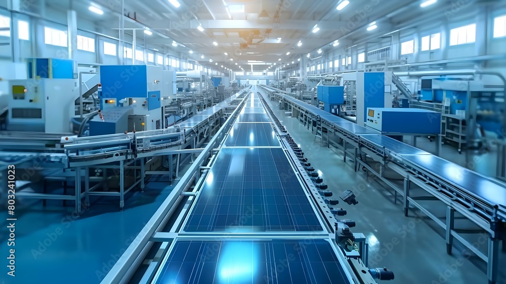Factory floor with large machines and conveyor belts producing solar panels. Concept Factory Operations, Solar Panel Manufacturing, Industrial Machinery, Conveyor Belt Systems, Production Process