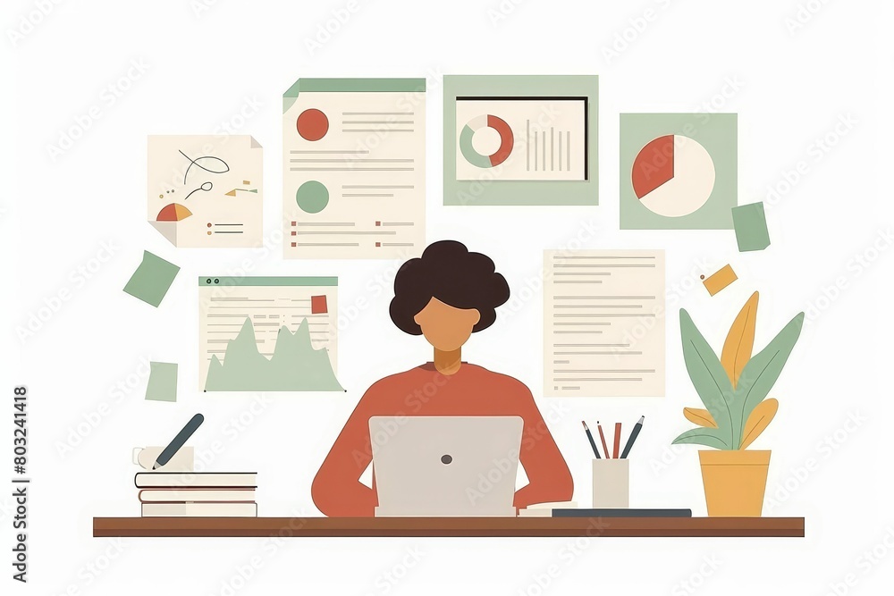 productive and content person reviewing documents at laptop joyful work scene vector illustration