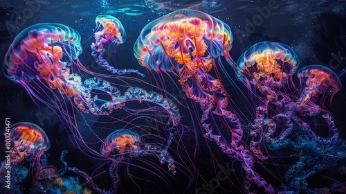Captivating underwater scene of glowing jellyfish with intricate tentacles in deep blue ocean photo