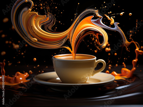 Dynamic slow-motion capture of espresso pouring into a white cup with vibrant liquid splashes