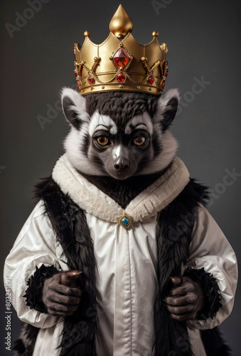 Portrait of meerkat king wearing crown and royal robe on grey background. Cute young animal stands importantly and looks at the camera. photo