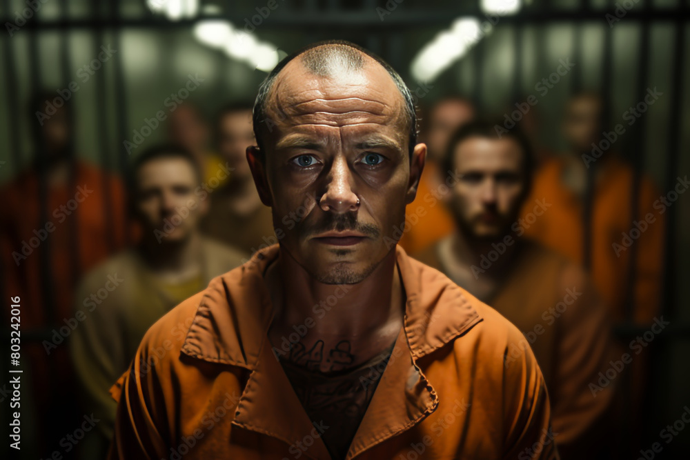 Intense portrait of a bald man with tattoos in an orange prison jumpsuit, with other inmates behind him in a dimly lit cell Intense portrait of a bald man with tattoos in an orange prison jumpsuit, with other inmates behind him in a dimly lit cell