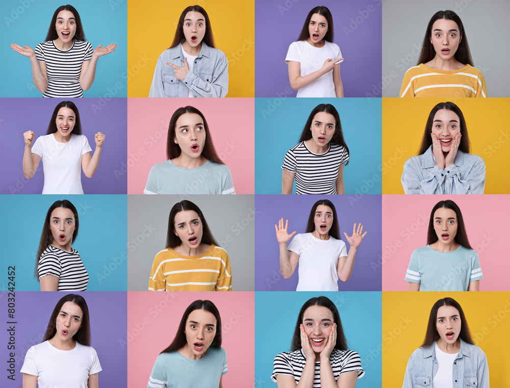 Collage with photos of surprised woman on different color backgrounds Collage with photos of surprised woman on different color backgrounds