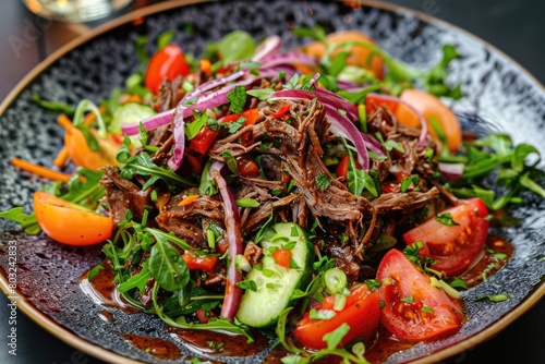 A plate of food with meat and vegetables, suitable for various food-related concepts