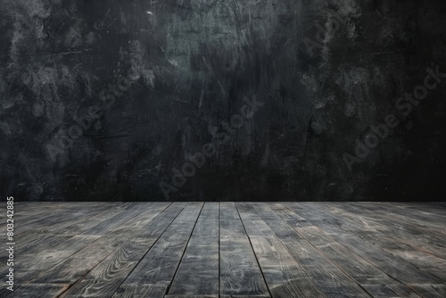 A room with a black wall and wooden floor