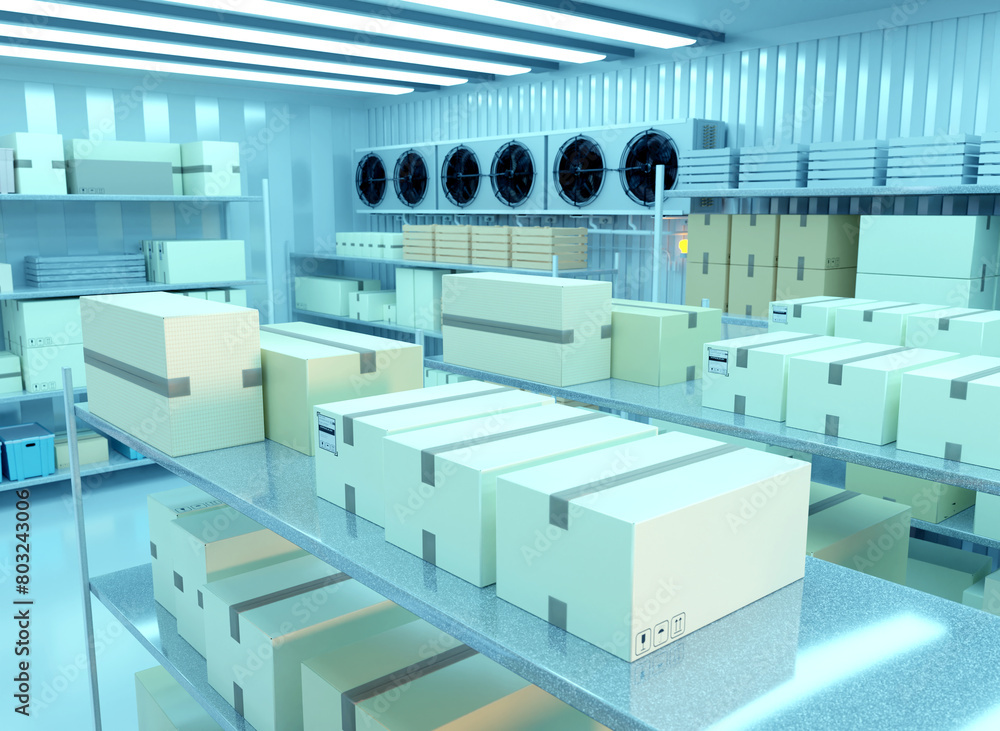This image shows a modern industrial warehouse with shelves and stacked boxes 3d image This image shows a modern industrial warehouse with shelves and stacked boxes 3d image