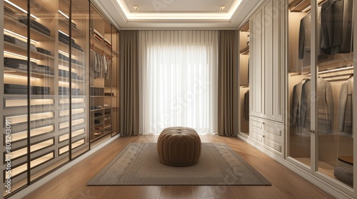 Luxury modern ivory walk-in closet with brown ottoman seat and glass sliding doors. Modern dressing room interior
