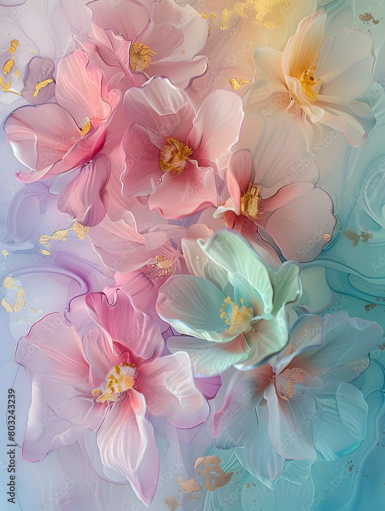 Closeup painting of pink and blue flowers on blue background