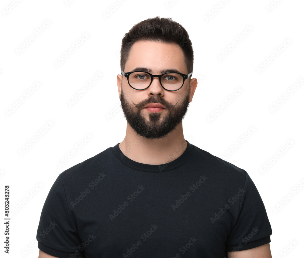Portrait of young man with mustache on white background Portrait of young man with mustache on white background