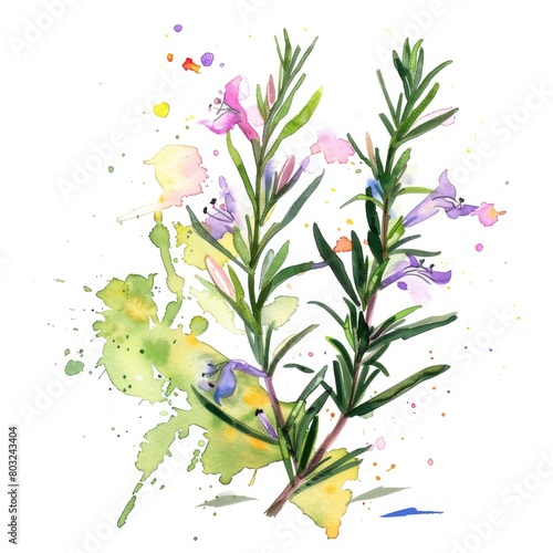 This watercolor illustration captures the delicate beauty of rosemary in bloom