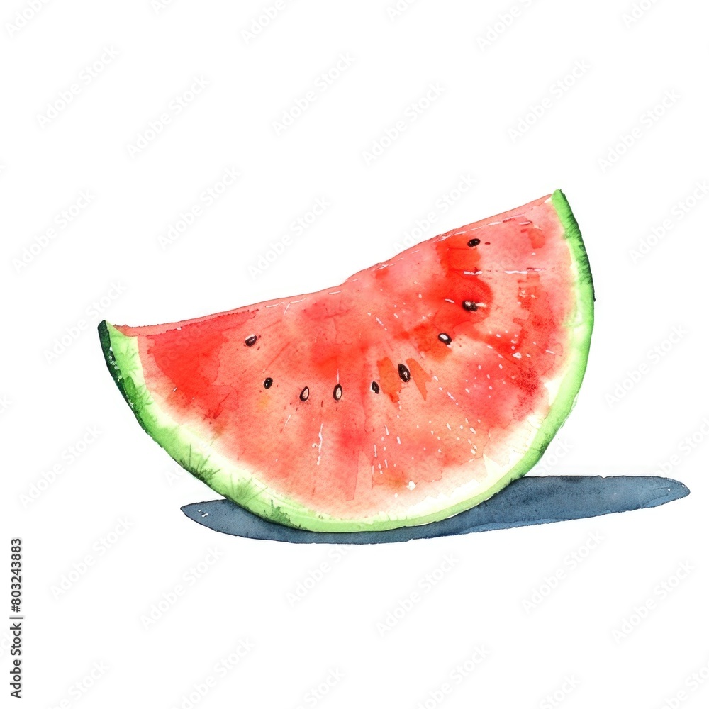 A slice of watermelon is lovingly detailed in watercolor A slice of watermelon is lovingly detailed in watercolor