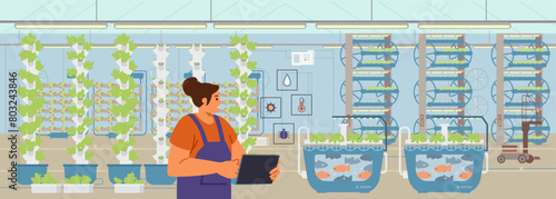 Smart farming concept with woman farmer controlling vertical agriculture and advanced technology systems flat vector illustration.