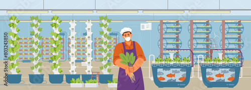 Smart farming concept with vertical agriculture and technology integration flat vector illustration. Farmer shows harvest in greenhouse.