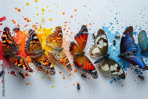 butterflies, catterpillars, beetles, dragonflies, bees, ants, and one spider, colourful paint splatters, White background, photo