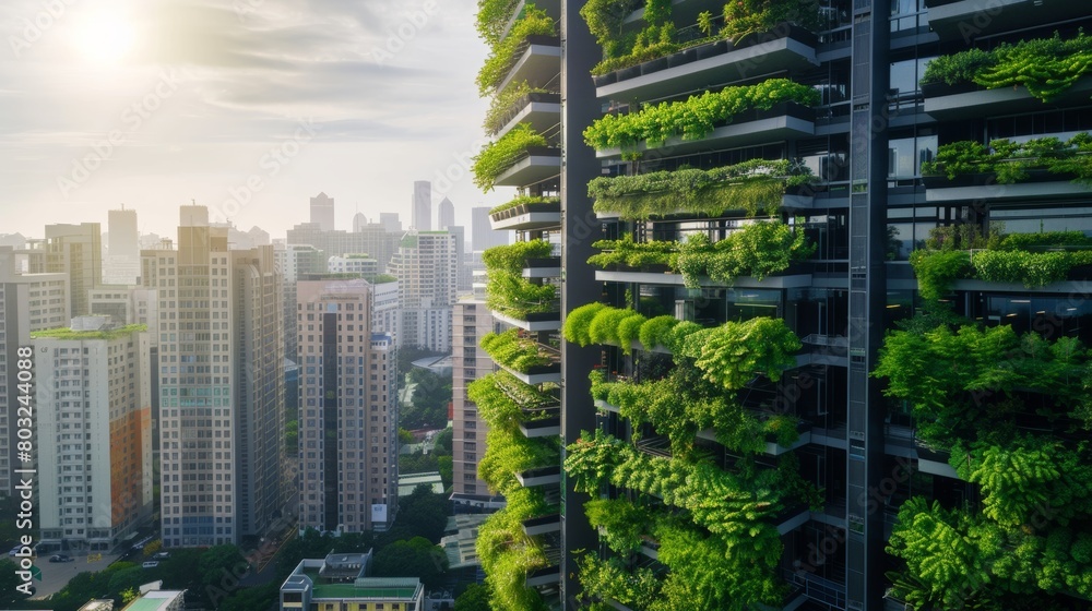 Modern urban skyscraper with lush vertical gardens amid city backdrop