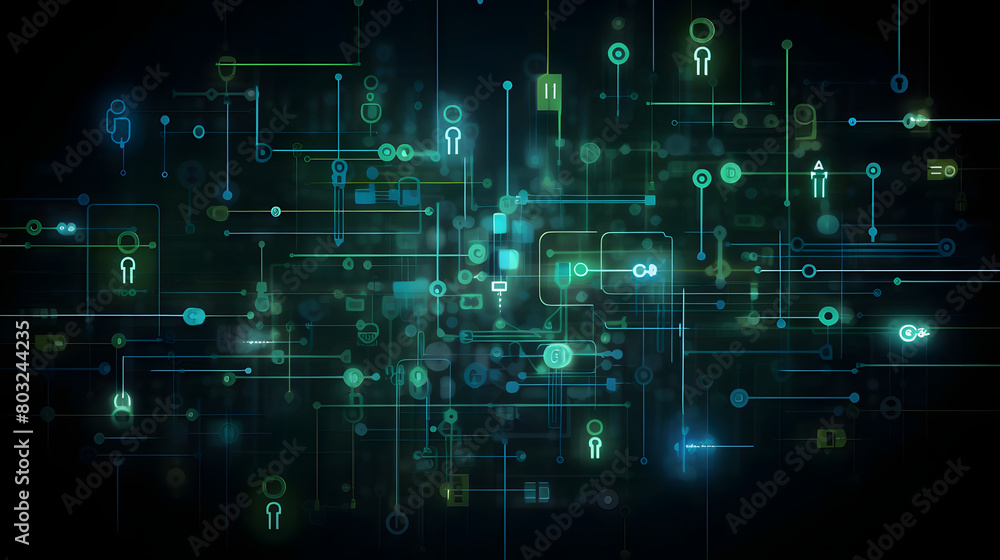 Quantum Encryption Network with Green and Blue Encryption Keys Indicating Quantum Cryptography Systems on Dark Background