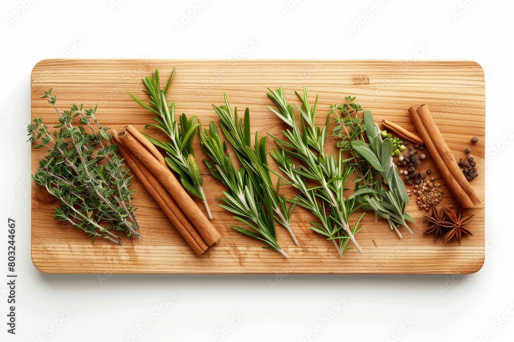 Fresh herbs and spices on wooden cutting board, white background Fresh herbs and spices on wooden cutting board, white background