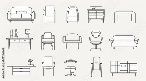 A set of furniture icons in a simple line style, suitable for various design projects