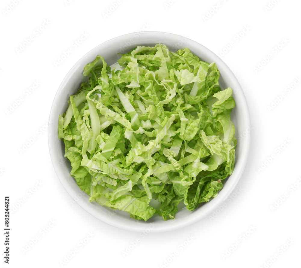 Shredded fresh Chinese cabbage in bowl isolated on white, top view Shredded fresh Chinese cabbage in bowl isolated on white, top view