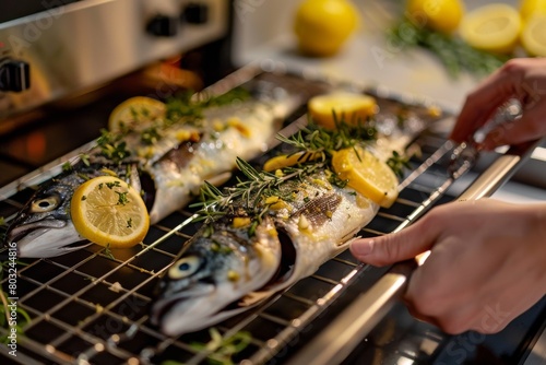 Closeup of a woman's hand holding an oven rack with a sea bass fish, lemon, and thyme on it.