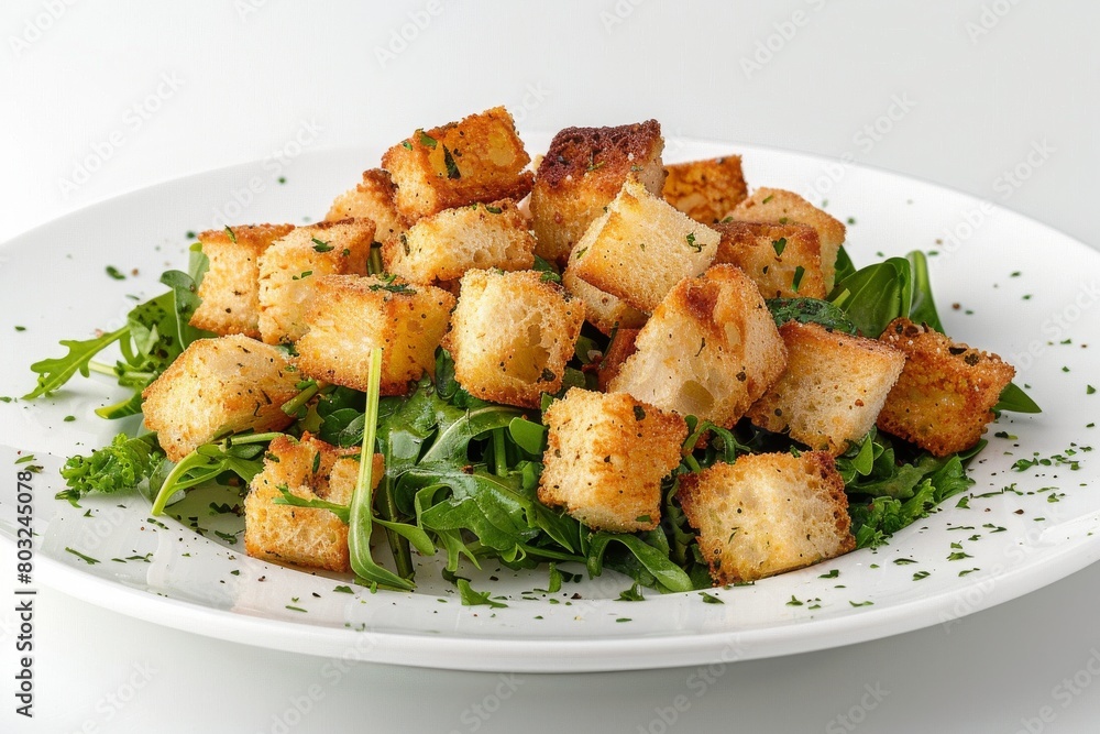 Crunchy croutons sprinkled on a white plate filled with greens. Crunchy croutons sprinkled on a white plate filled with greens.
