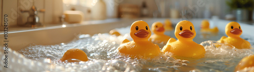 A group of yellow rubber ducks are floating in a bathtub filled with bubbles. photo