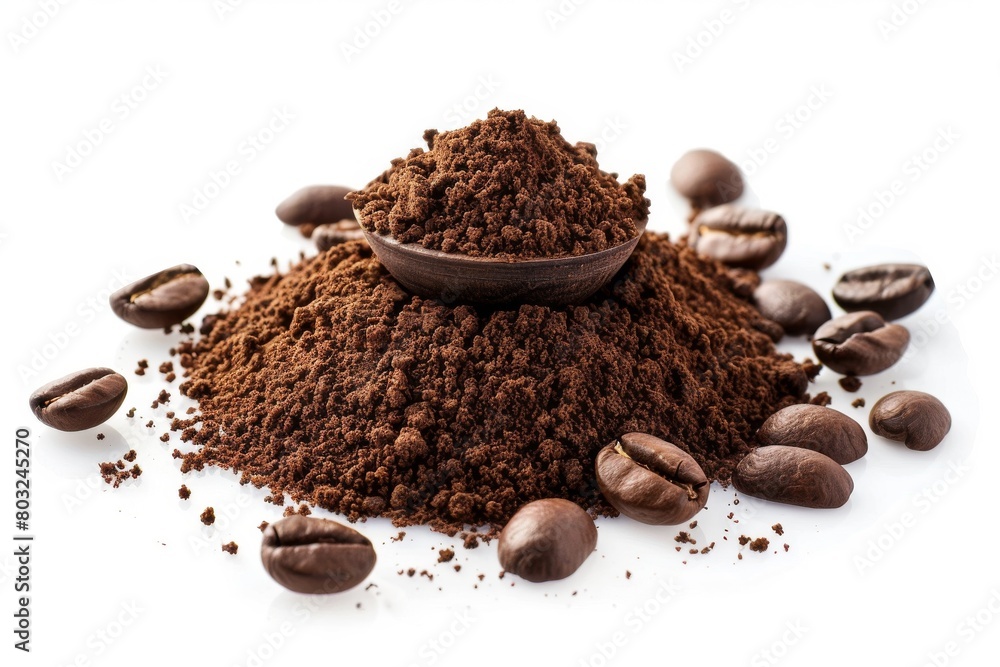 A beautiful heap of ground coffee and beans on a clean white background, perfect for any coffee lover's collection. A beautiful heap of ground coffee and beans on a clean white background, perfect for any coffee lover's collection.