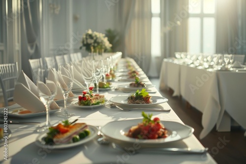 Freshly prepared meals elegantly displayed on white plates on a white dining table near a window